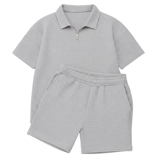 Hommes - Ensemble avec polo à col zippé et short à texture gaufrée 1