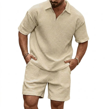 Hommes - Ensemble avec polo à col zippé et short à texture gaufrée 10
