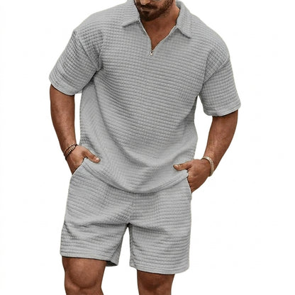 Hommes - Ensemble avec polo à col zippé et short à texture gaufrée 2