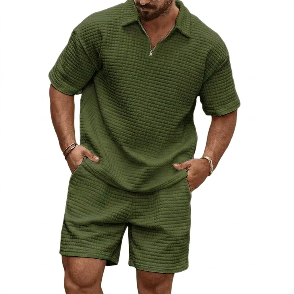 Hommes - Ensemble avec polo à col zippé et short à texture gaufrée 4