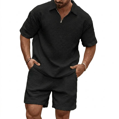 Hommes - Ensemble avec polo à col zippé et short à texture gaufrée 5