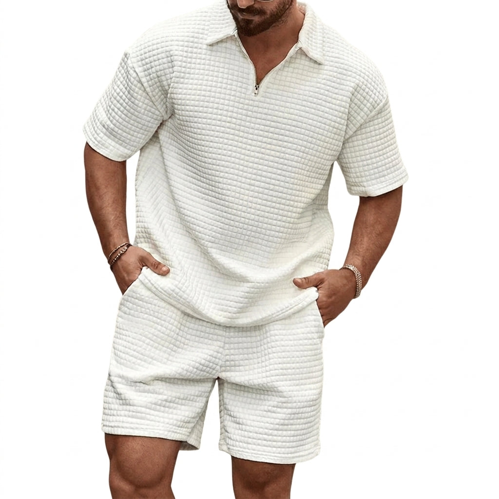Hommes - Ensemble avec polo à col zippé et short à texture gaufrée 8