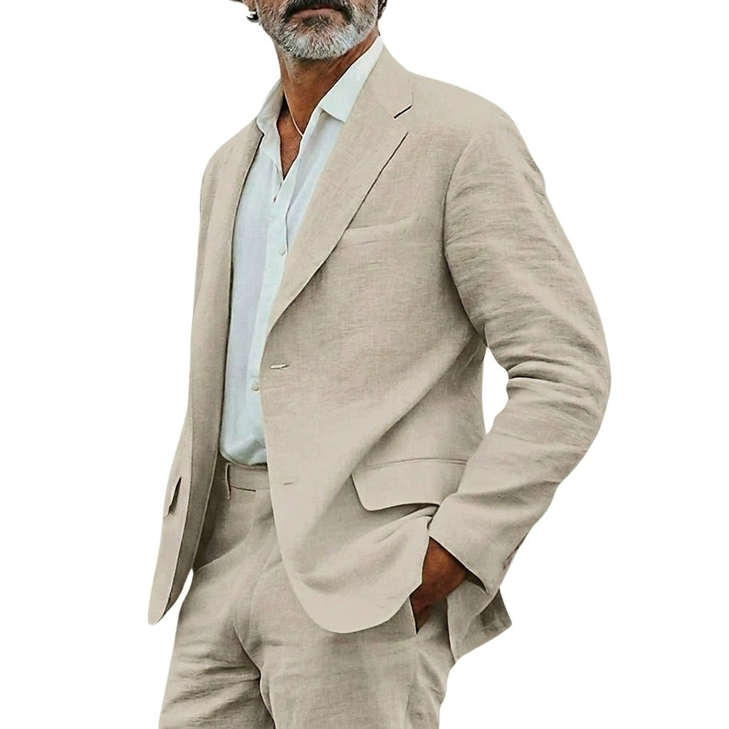 Hommes Ensemble de costume deux pièces avec veste à revers crantés et pantalon à passants Beige