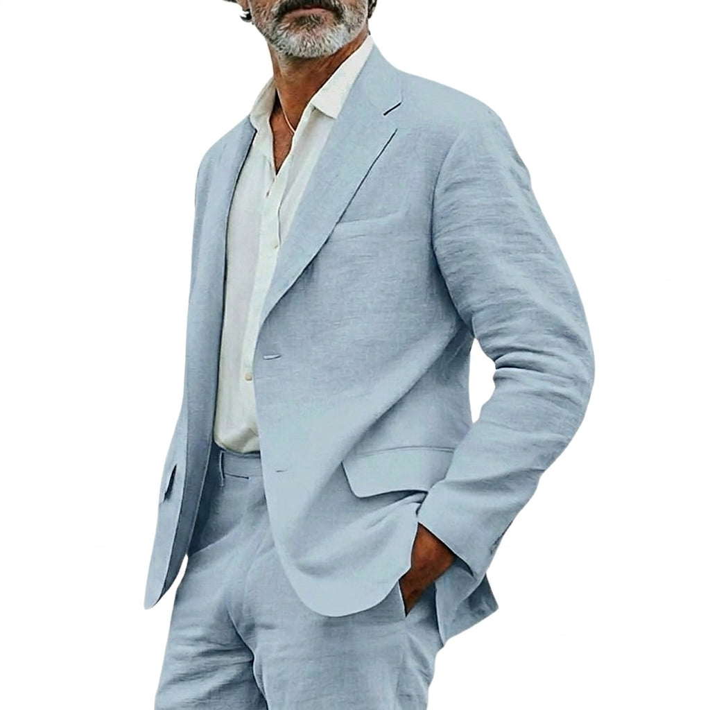 Hommes Ensemble de costume deux pièces avec veste à revers crantés et pantalon à passants Bleu Clair
