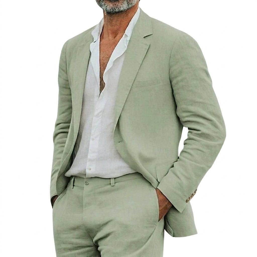 Hommes Ensemble de costume deux pièces avec veste à revers crantés et pantalon à passants Vert Clair