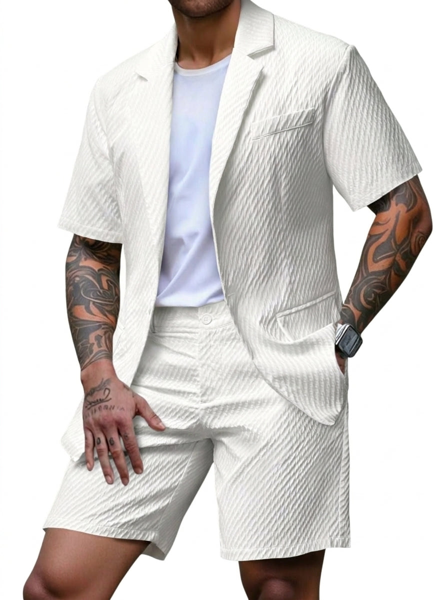 Hommes Ensemble deux pièces blazer à manches courtes et short à motif texturé Blanc