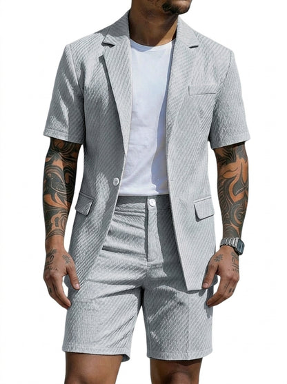 Hommes Ensemble deux pièces blazer à manches courtes et short à motif texturé Gris Clair