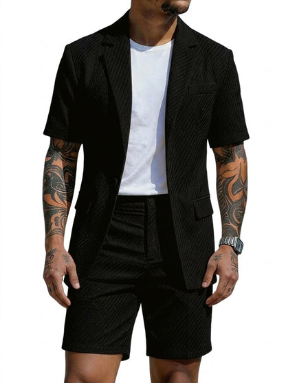 Hommes Ensemble deux pièces blazer à manches courtes et short à motif texturé Noir