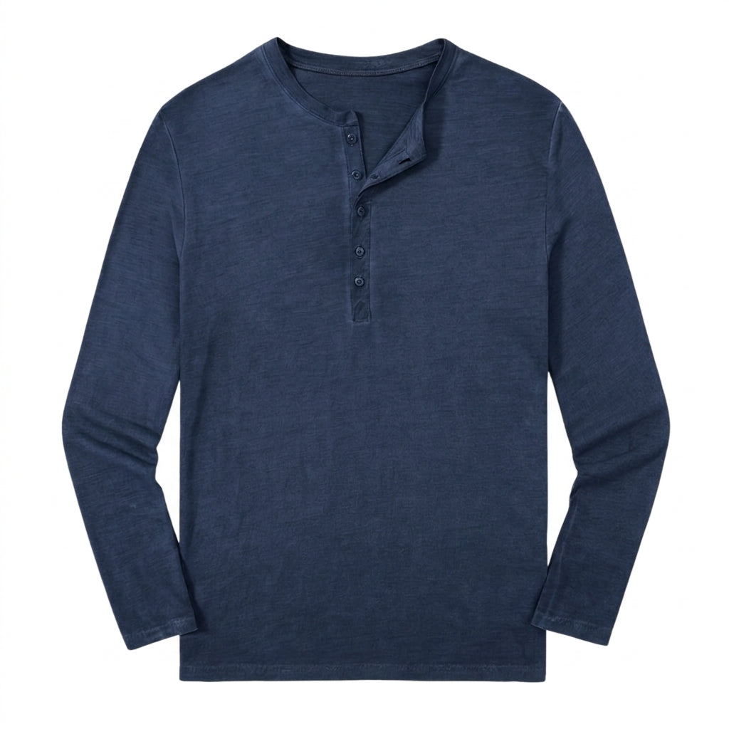 Hommes - Haut à manches longues avec col henley et patte de boutonnage Bleu