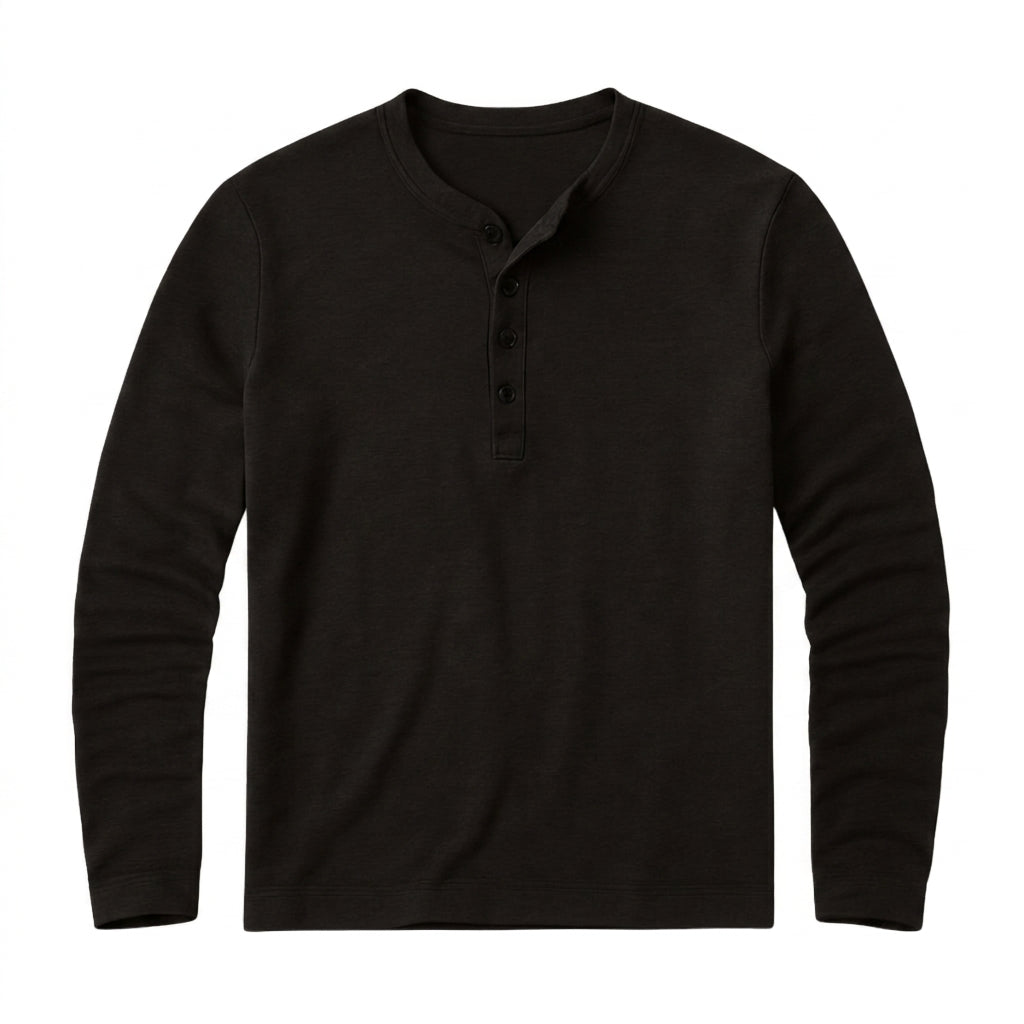 Hommes - Haut à manches longues avec col henley et patte de boutonnage Noir