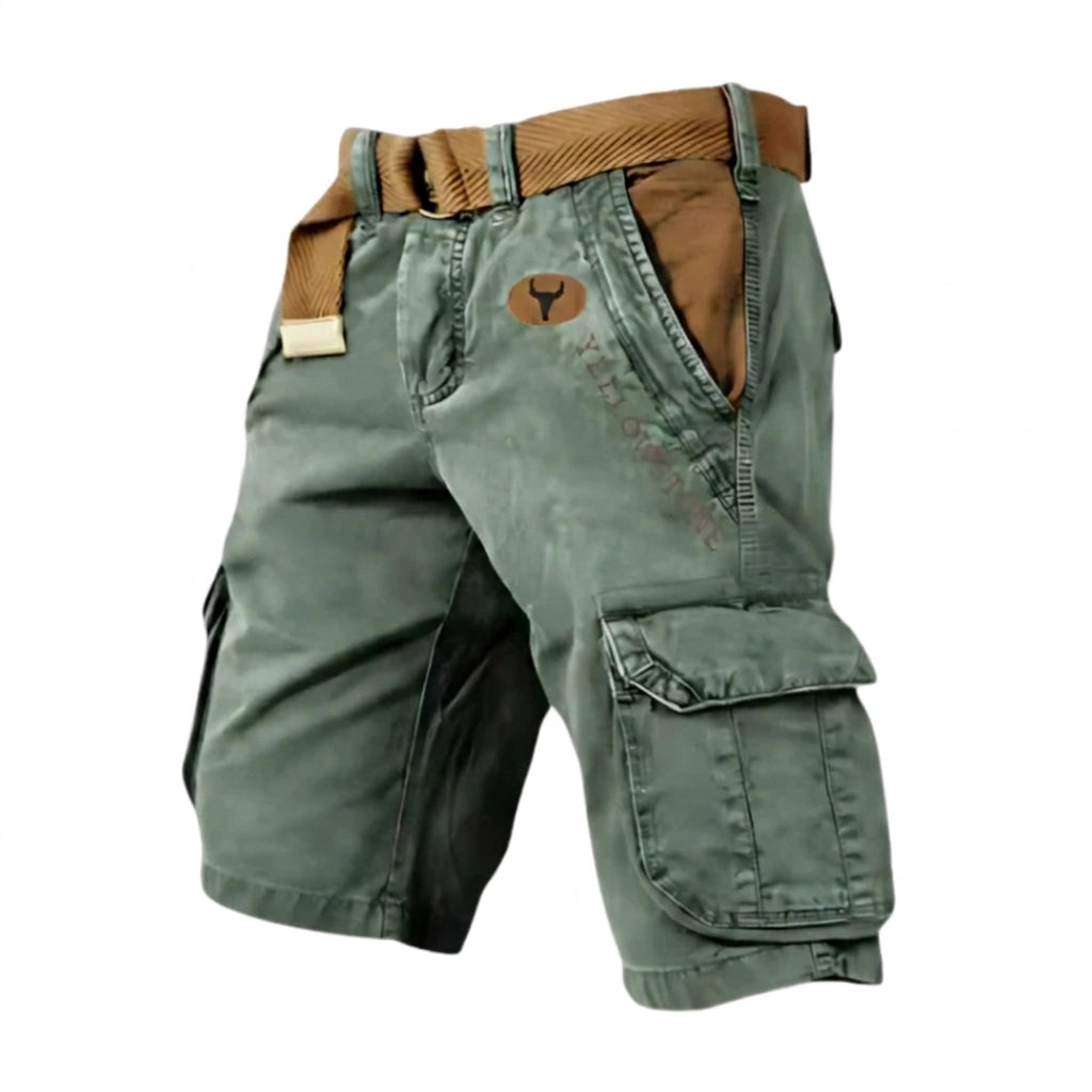 Hommes Short cargo avec ceinture et poches latérales et logo Vert