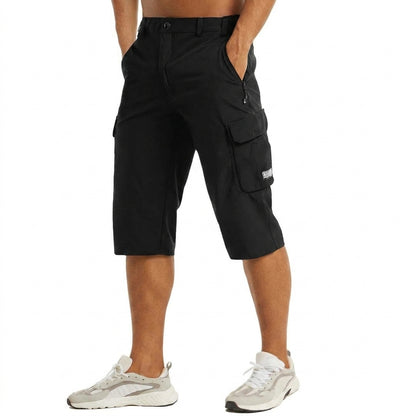 Hommes Short cargo longueur genou avec poches latérales et passants de ceinture Noir