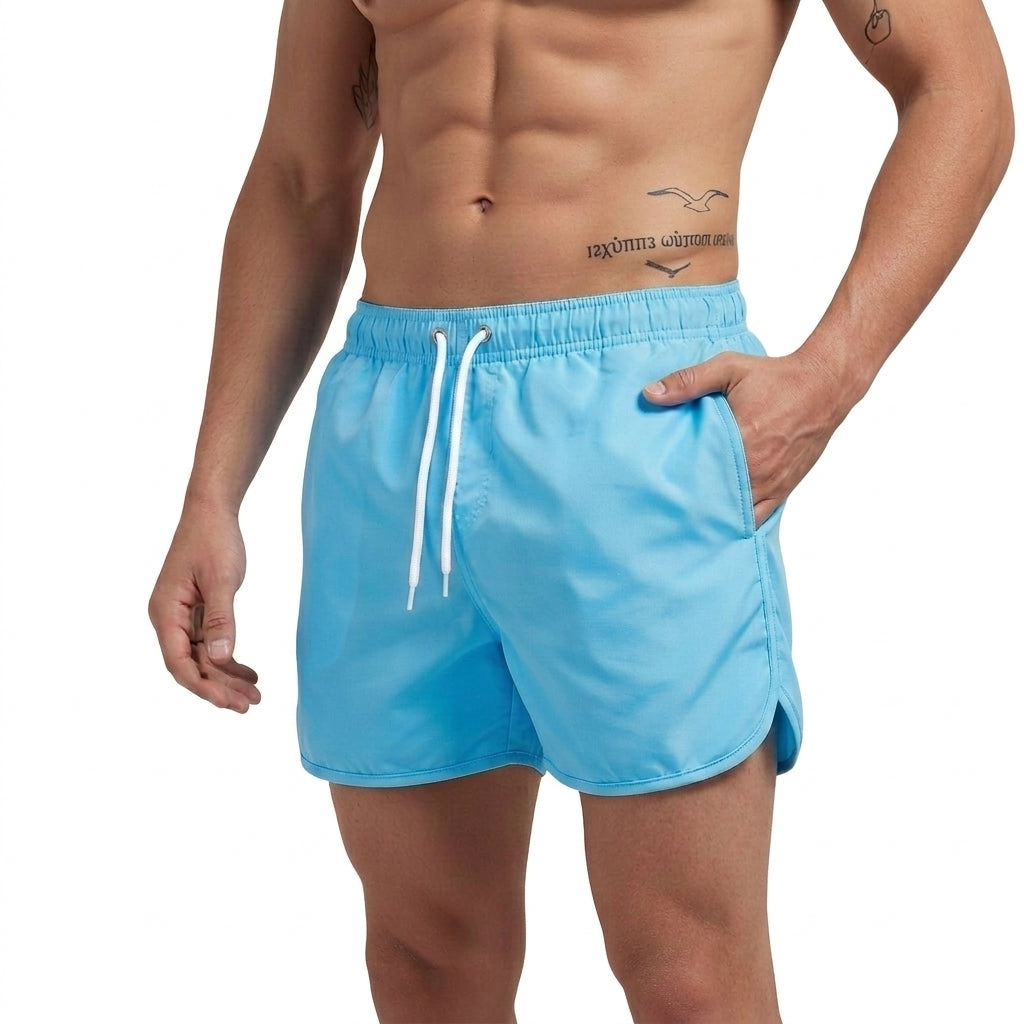 Hommes Short de bain à taille élastique et cordon de serrage Bleu Clair
