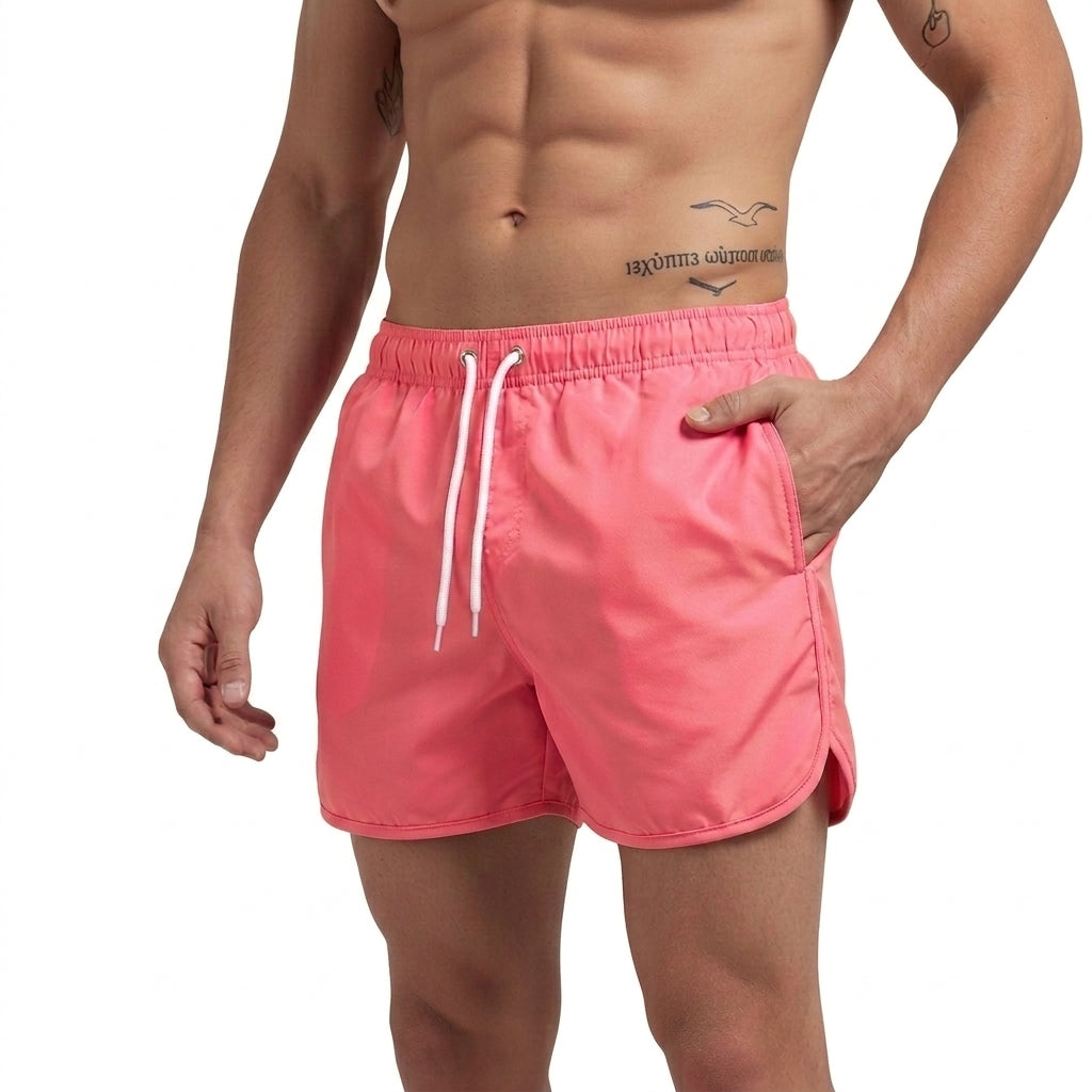 Hommes Short de bain à taille élastique et cordon de serrage Rose