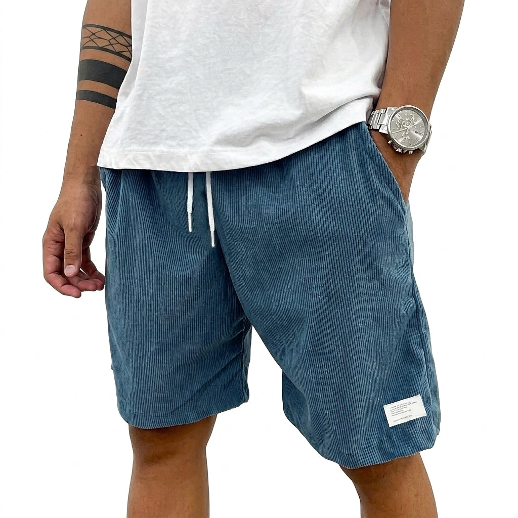 Hommes Shorts à cordon de serrage avec texture côtelée et étiquette Bleu