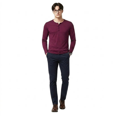 Hommes T-shirt à manches longues avec col henley et texture flammée 1
