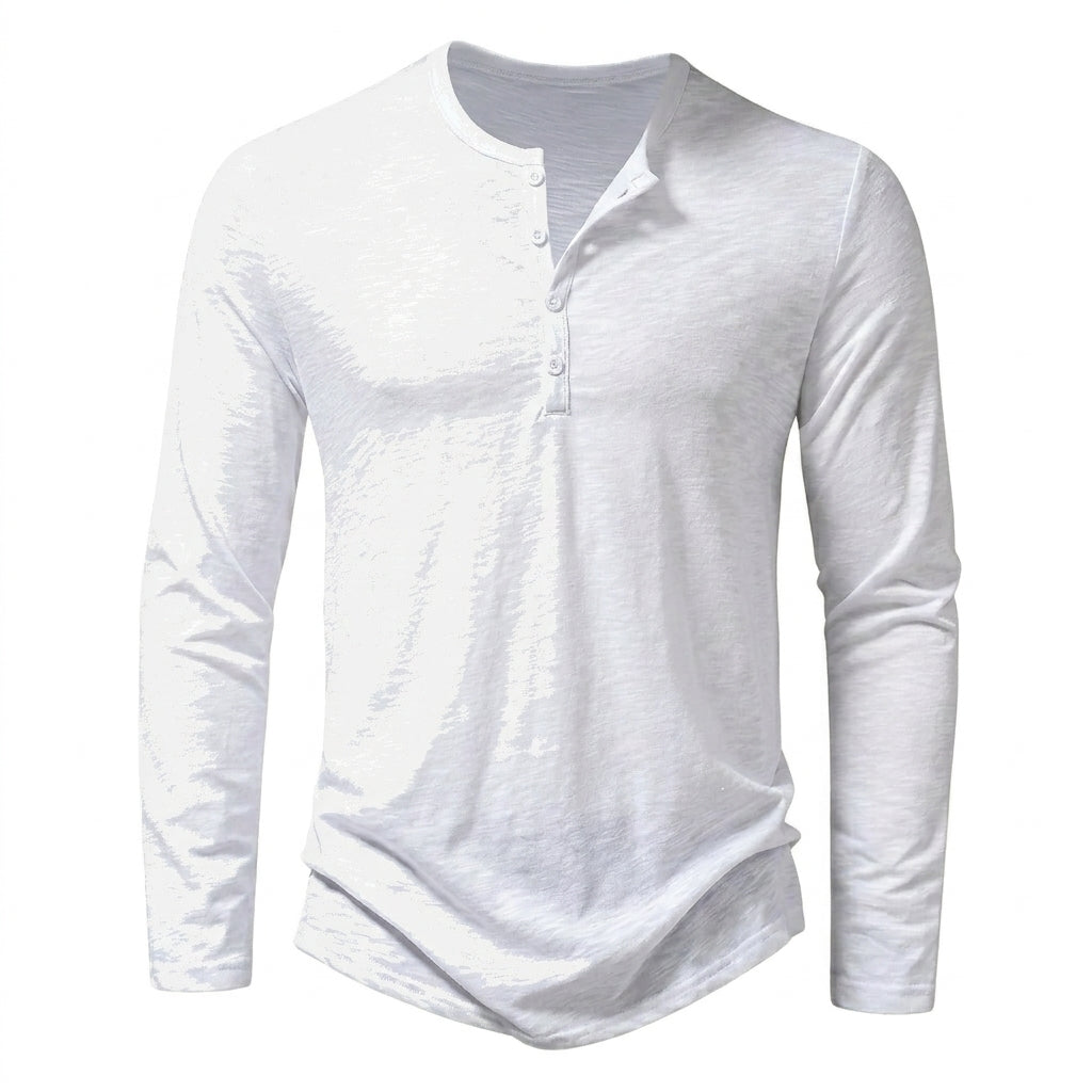 Hommes T-shirt à manches longues avec col henley et texture flammée Blanc