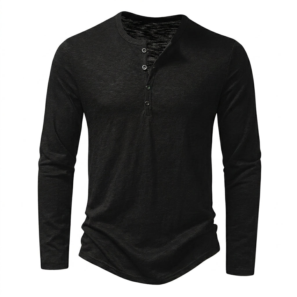 Hommes T-shirt à manches longues avec col henley et texture flammée Noir
