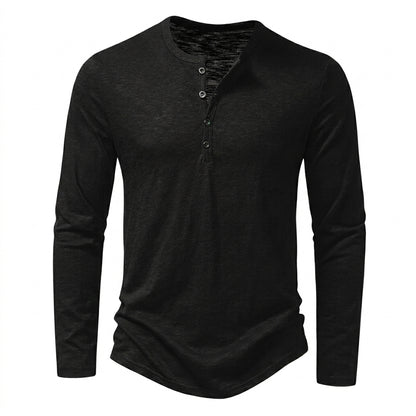 Hommes T-shirt à manches longues avec col henley et texture flammée Noir