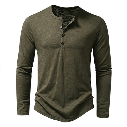 Hommes T-shirt à manches longues avec col henley et texture flammée Vert Olive