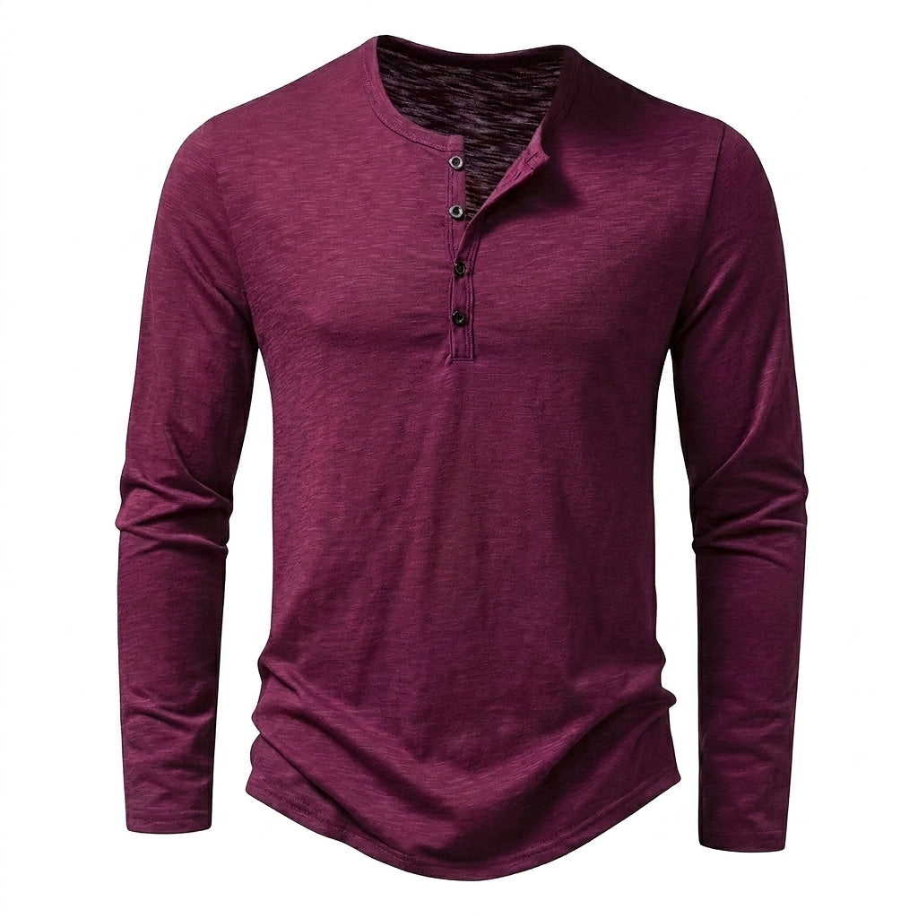 Hommes T-shirt à manches longues avec col henley et texture flammée Violet
