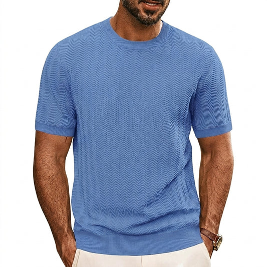 Hommes T-shirt en maille à manches courtes avec texture à chevrons et col rond Bleu