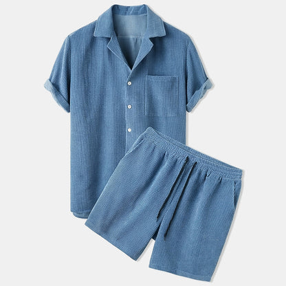 Hommes ensemble chemise manches courtes texture cotelee et short Bleu