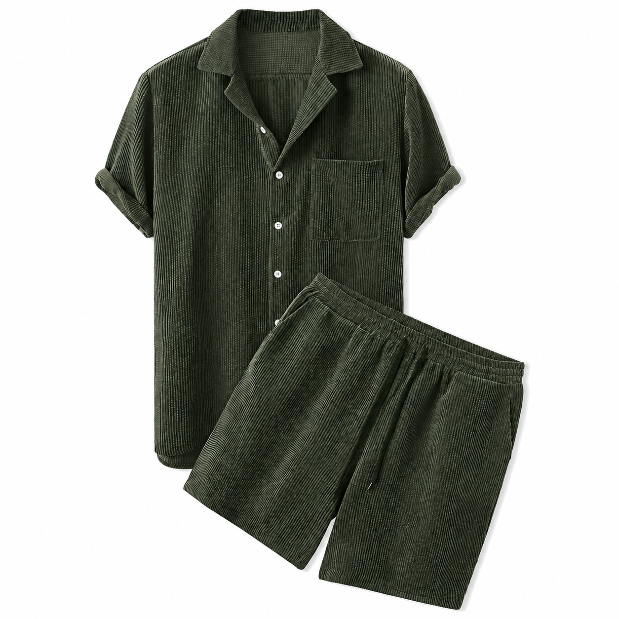 Hommes ensemble chemise manches courtes texture cotelee et short Vert