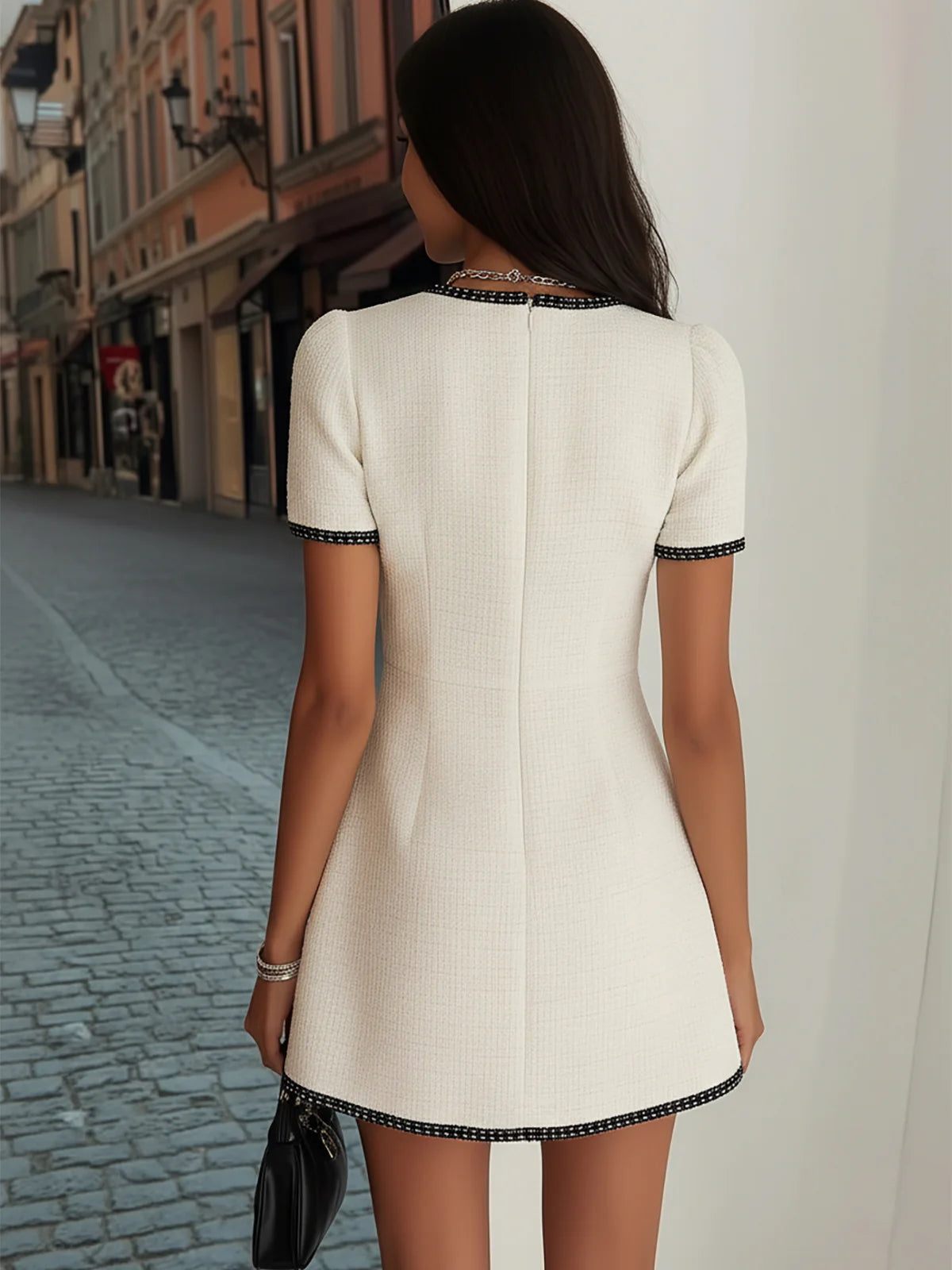 Robe Mini Femme à Manches Courtes avec Boutonnage et Finitions Contrastées