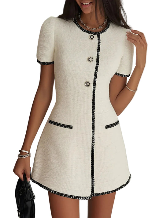 Robe Mini Femme à Manches Courtes avec Boutonnage et Finitions Contrastées