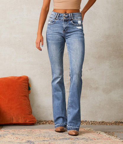 Jean bootcut taille haute pour femme avec ourlet effiloché 4