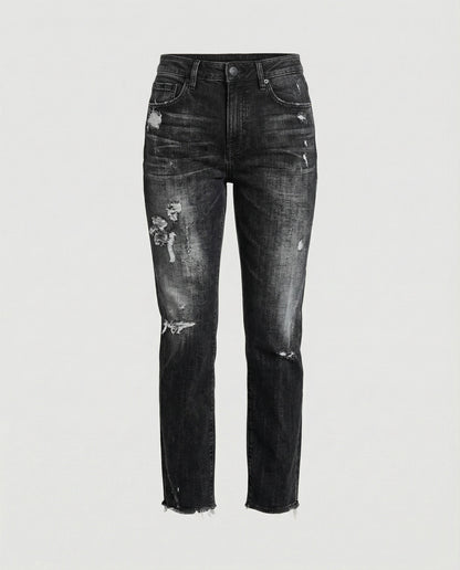 Jean droit taille mi-haute effet vieilli pour femme 4