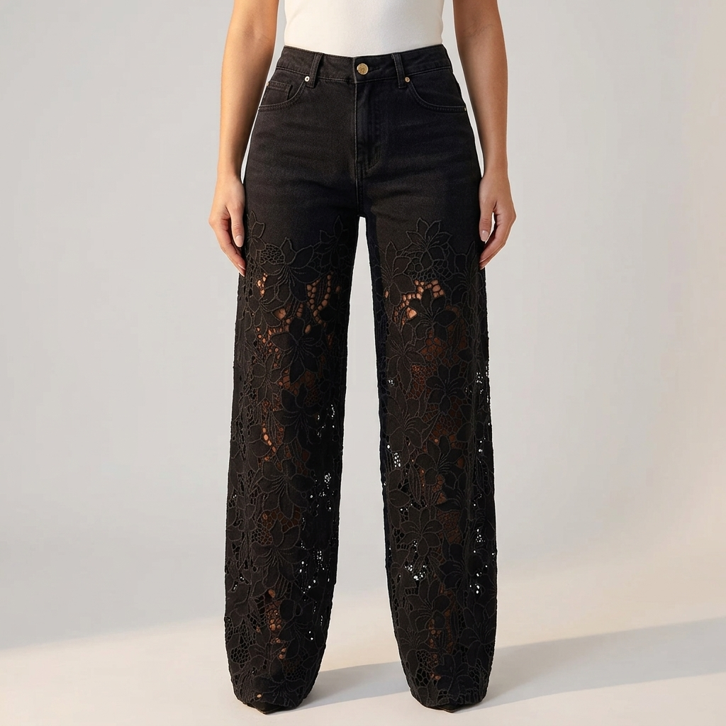 Jean large pour femme avec empiècements en dentelle 5
