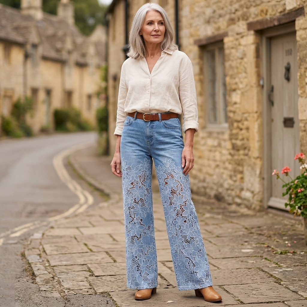 Jean large pour femme avec empiècements en dentelle 6