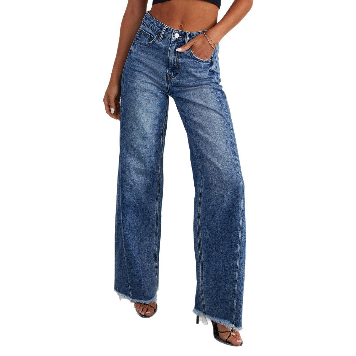Jean large taille haute pour femme avec ourlet effiloché 6