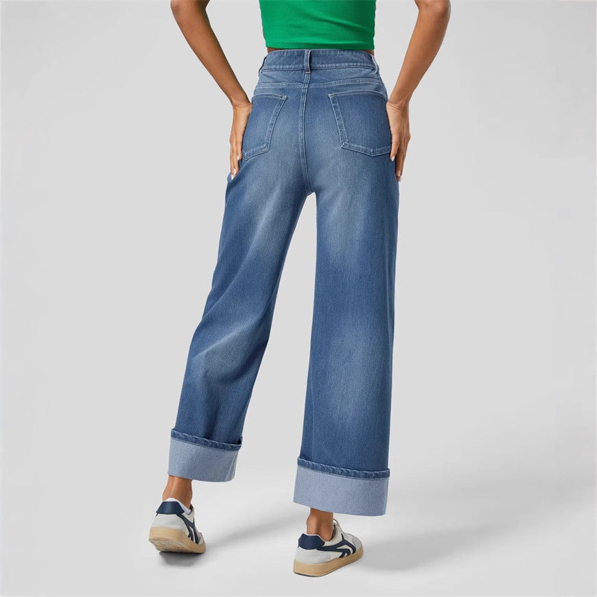 Jean large taille haute pour femme avec ourlets à revers 3