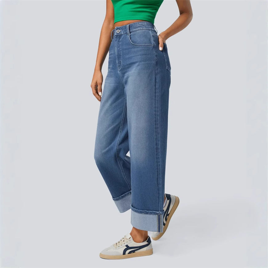 Jean large taille haute pour femme avec ourlets à revers 4