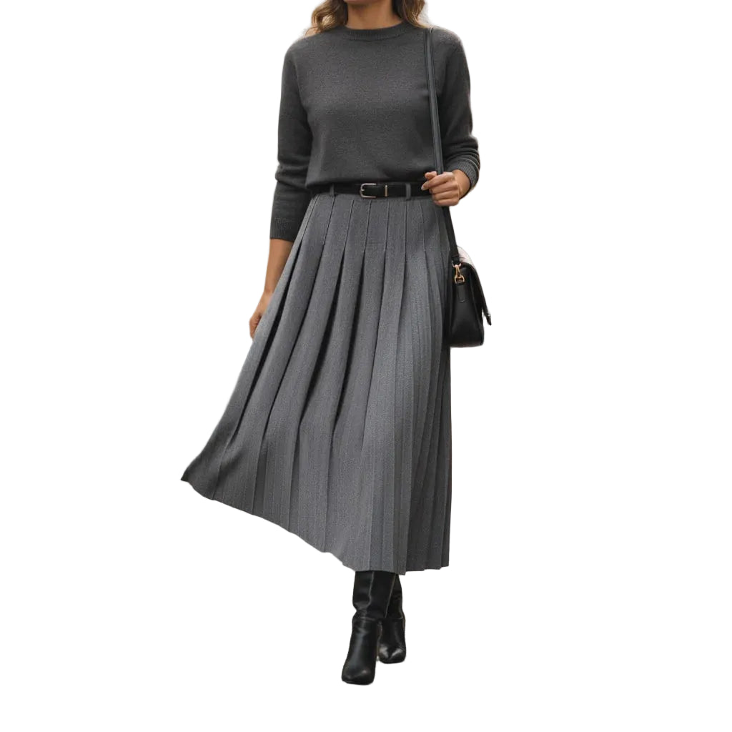 Jupe Femme Midi Plissée Ceinturée-Gigié