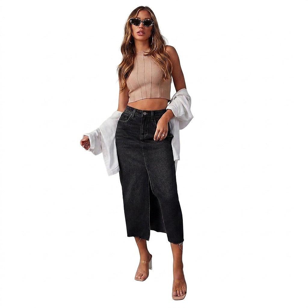 Jupe midi en jean taille haute pour femme avec fente avant 2