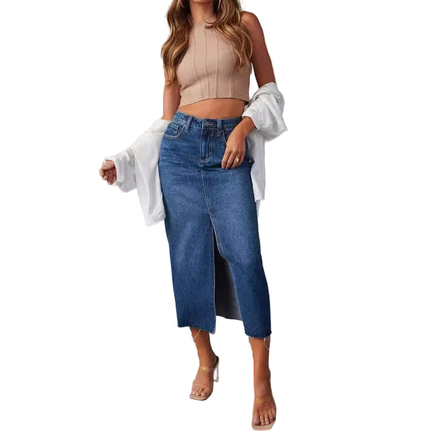 Jupe midi en jean taille haute pour femme avec fente avant 3