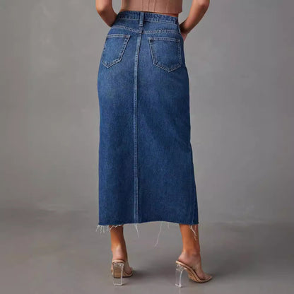 Jupe midi en jean taille haute pour femme avec fente avant 4