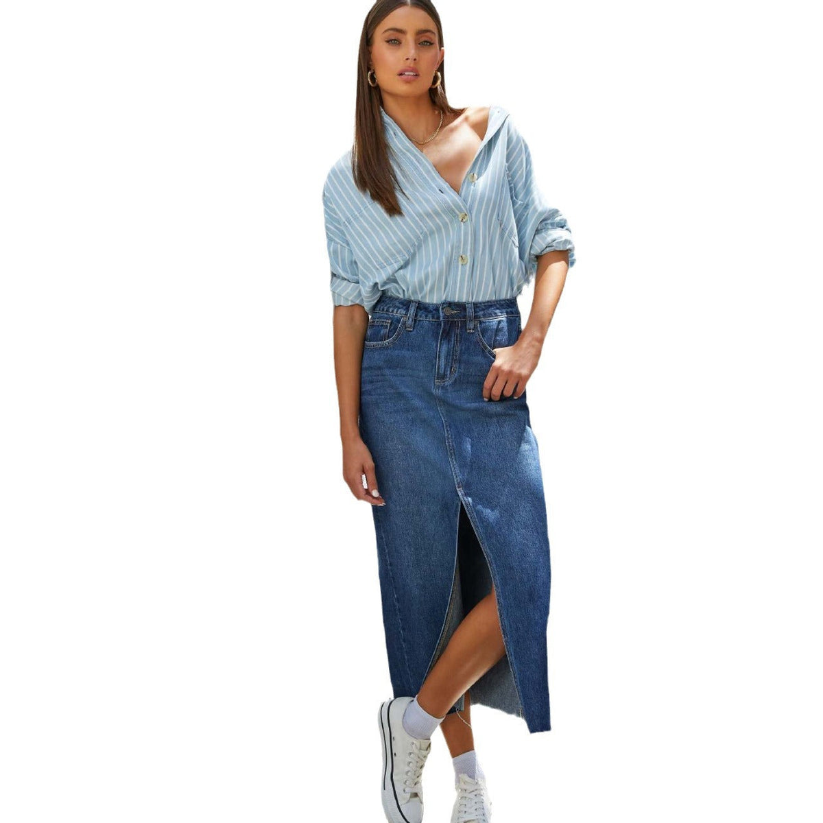 Jupe midi en jean taille haute pour femme avec fente avant 5