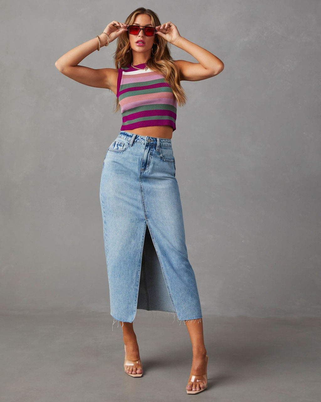 Jupe midi en jean taille haute pour femme avec fente avant 6
