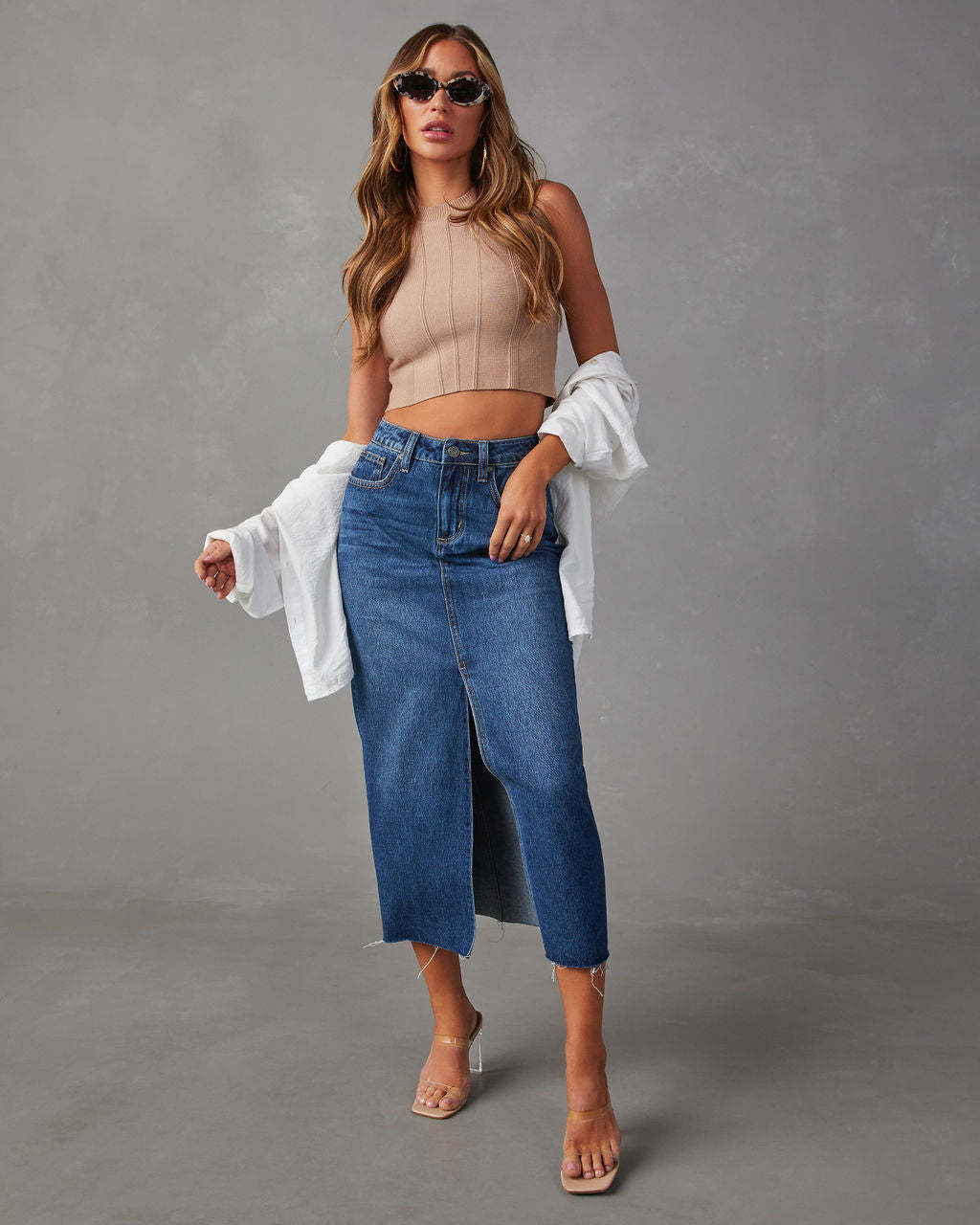 Jupe midi en jean taille haute pour femme avec fente avant 7