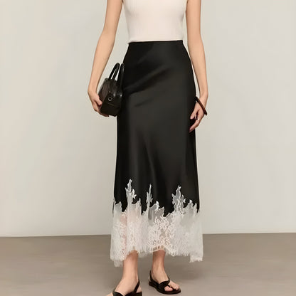 Jupe midi en satin pour femme avec ourlet en dentelle 3
