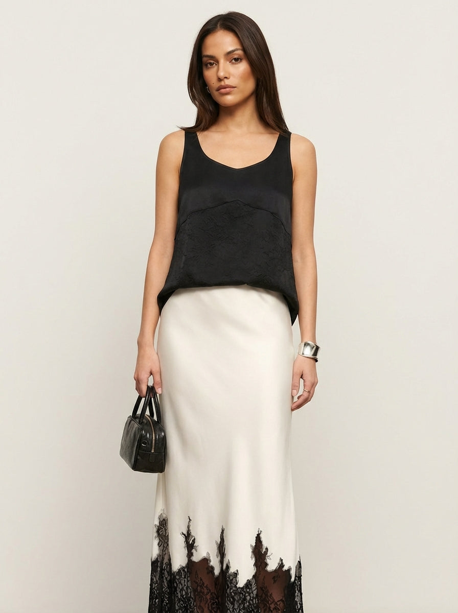Jupe midi en satin pour femme avec ourlet en dentelle 5