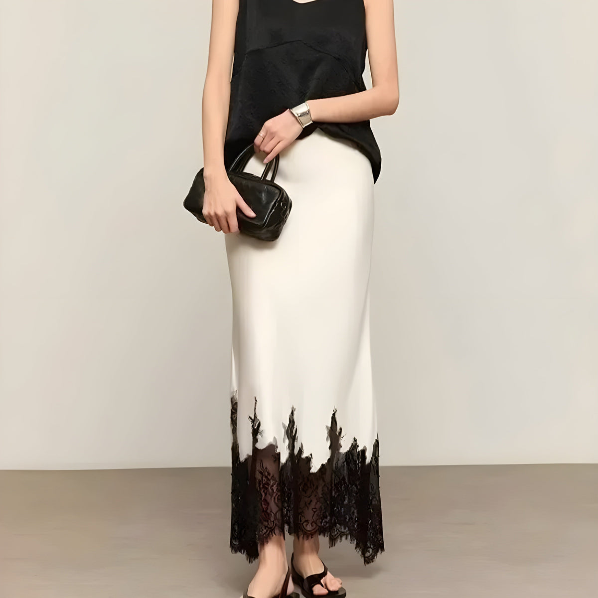 Jupe midi en satin pour femme avec ourlet en dentelle 6