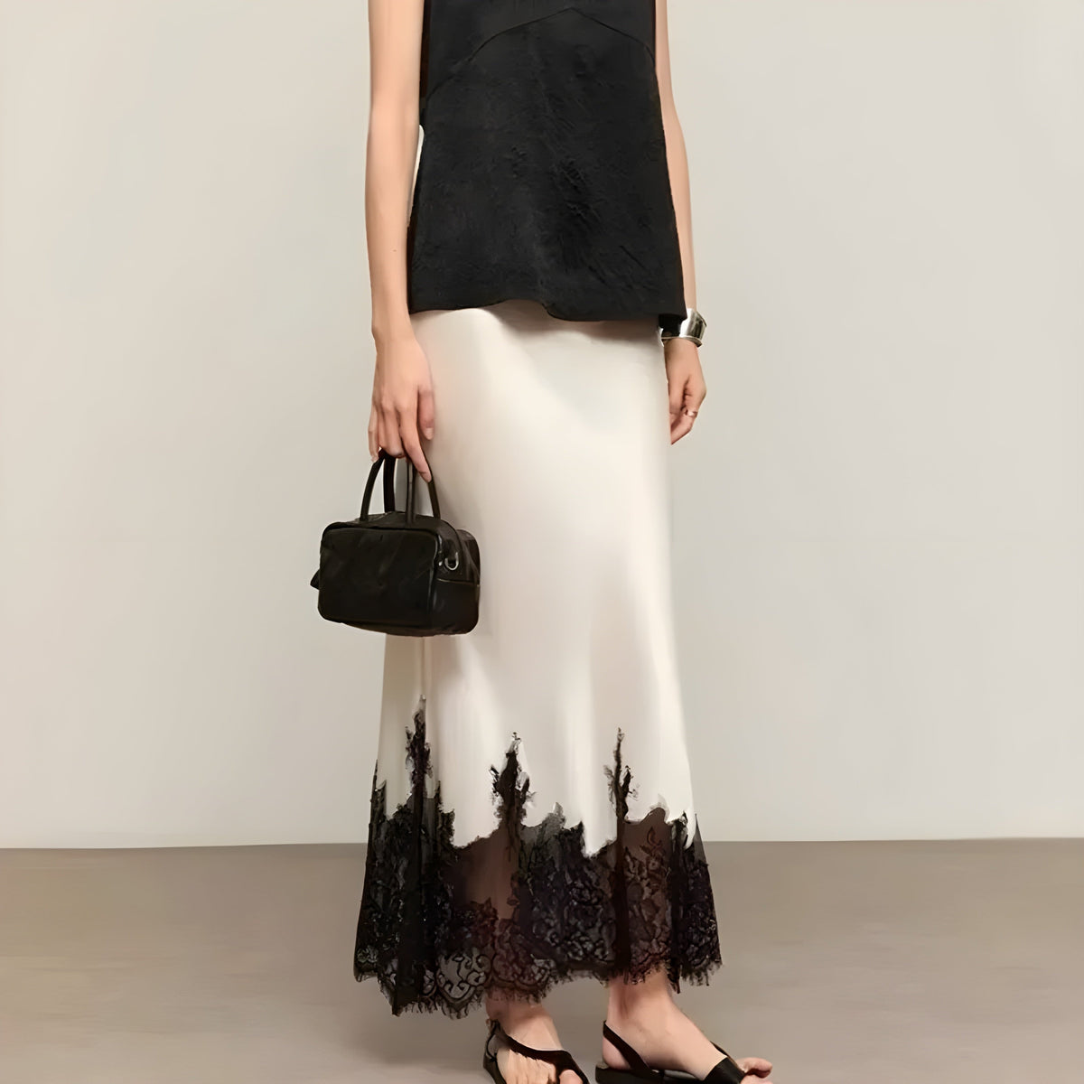 Jupe midi en satin pour femme avec ourlet en dentelle 7