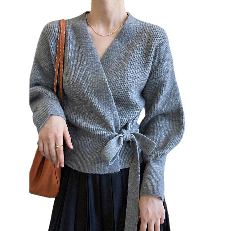Haut en maille cache-cœur pour femme avec col en V et lien à nouer