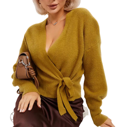 Pull cache-cœur en maille pour femme avec col en V et lien à nouer